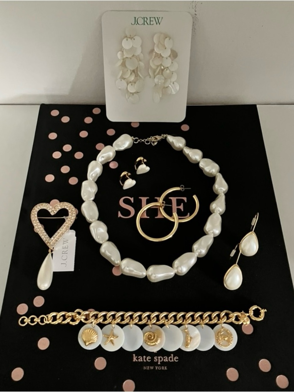 J. Crew White Pearl Costal Necklace, Bracelets, Earrings, Brooch Bundle
